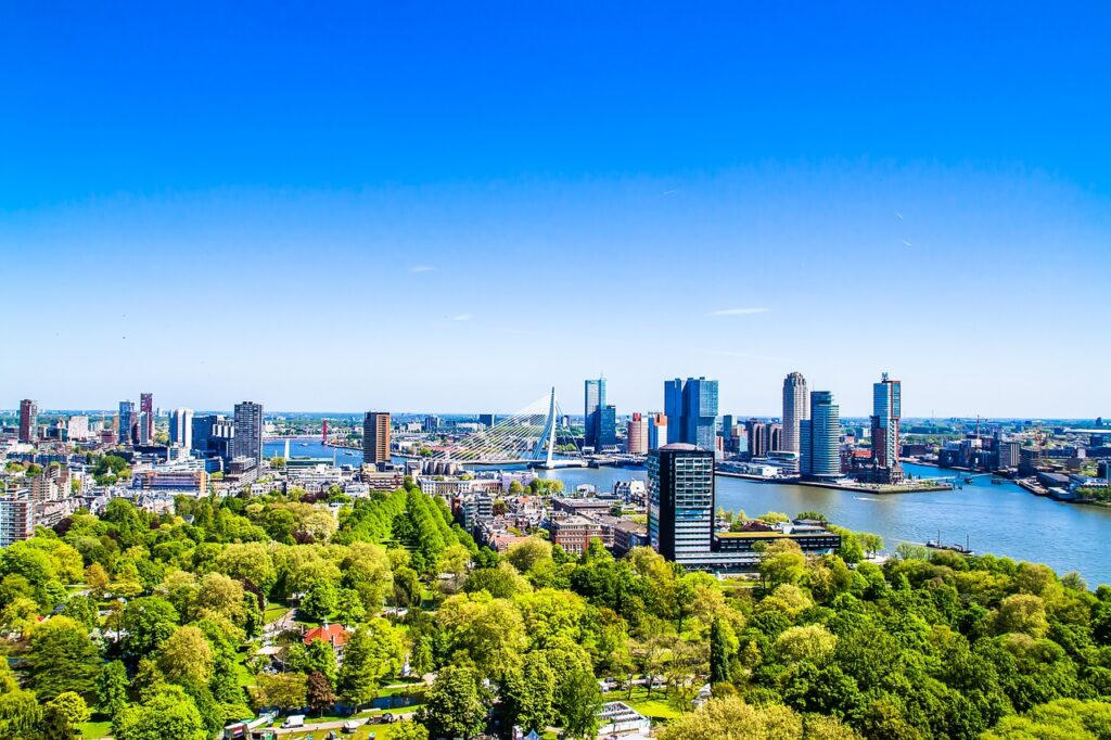 skyline, skyscrapers, buildings, modern buildings, city, cityscape, blue sky, urban, river, panorama, rotterdam, holland, netherlands, rotterdam, rotterdam, rotterdam, rotterdam, rotterdam